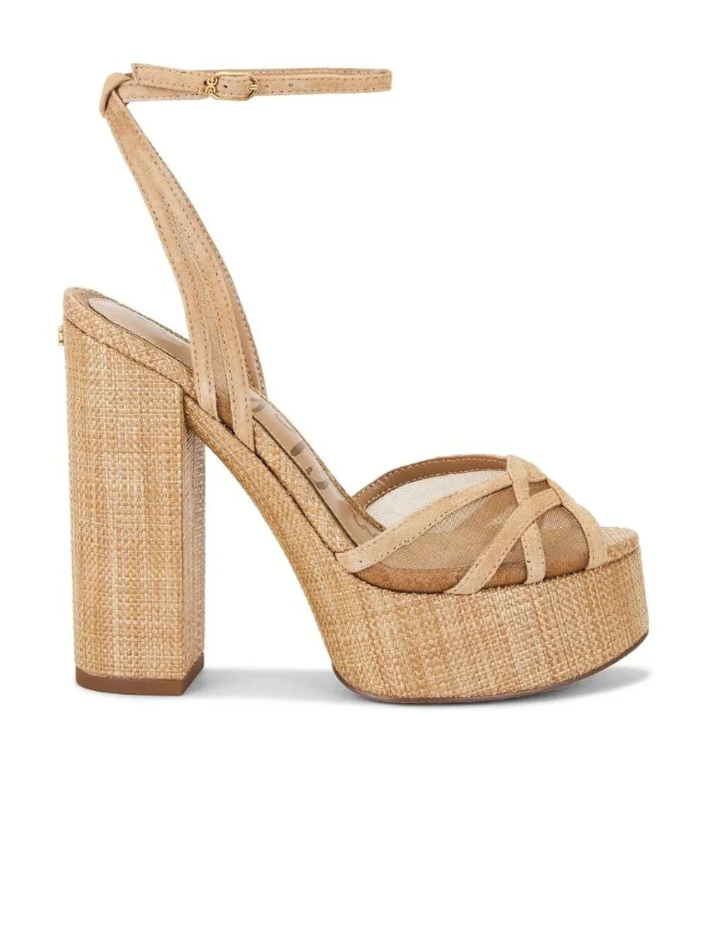 Sam Edelman Sandy Sandal tan suede mesh chunky high heel ankle strap